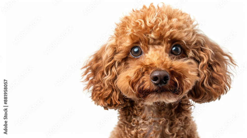 Close-up portrait view of adorable Red Toy Poodle dog head and face looking from side view isolated on white background Close-up portrait view of adorable Red Toy Poodle dog head and face looking from side view isolated on white background