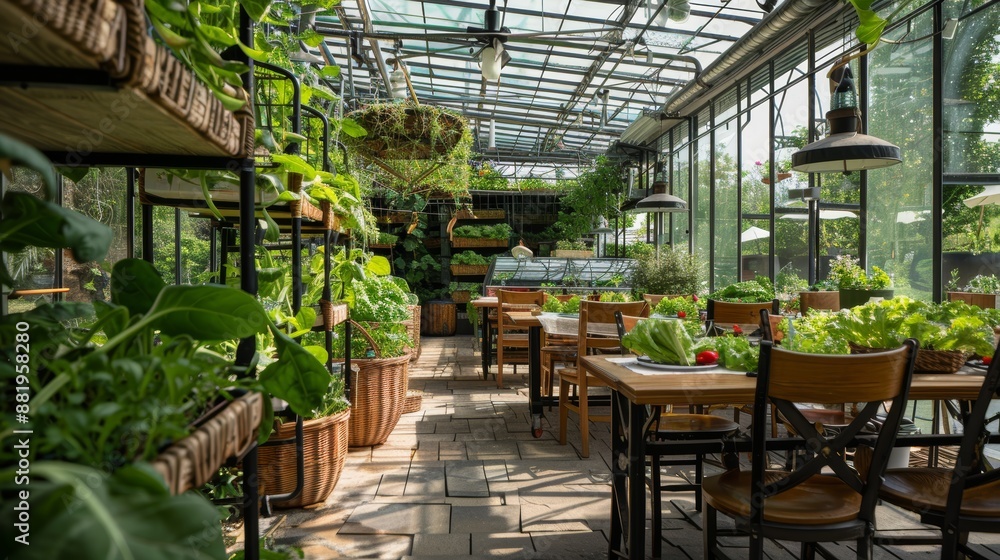 Farm-to-Table Greenhouse Café with Fresh Organic Dining Experience in Lush Green Interior Setting Farm-to-Table Greenhouse Café with Fresh Organic Dining Experience in Lush Green Interior Setting