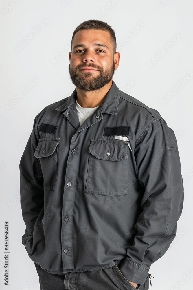 Man with a beard, dressed in a dark gray work shirt, standing with a slight smile and hands in his pockets against a plain white background. Man with a beard, dressed in a dark gray work shirt, standing with a slight smile and hands in his pockets against a plain white background.