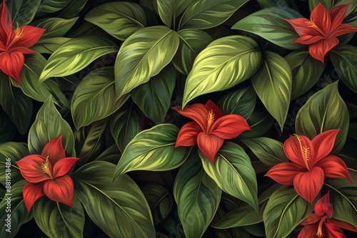 Wallpaper Mural Tropical Floral Pattern with Red Flowers and Green Leaves Torontodigital.ca