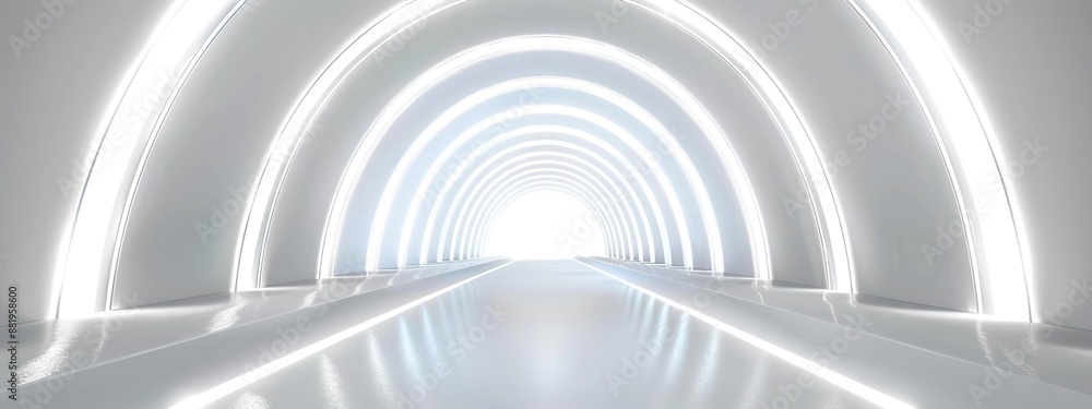 White tunnel with glowing light ring on white background, empty virtual space for product presentation, futuristic technology video motion effect. White tunnel with glowing light ring on white background, empty virtual space for product presentation, futuristic technology video motion effect.