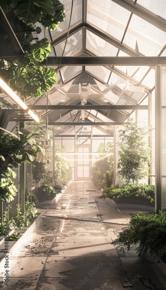 Naklejka premium Automated High-Tech Greenhouse with Watering, Temperature Control, and Light Regulation Systems