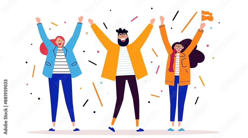 Three diverse friends celebrating with confetti and raised hands. Three diverse friends celebrating with confetti and raised hands.