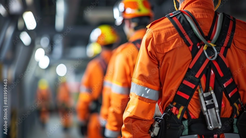 Workers in orange uniforms and safety gear walking in an industrial setting Workers in orange uniforms and safety gear walking in an industrial setting