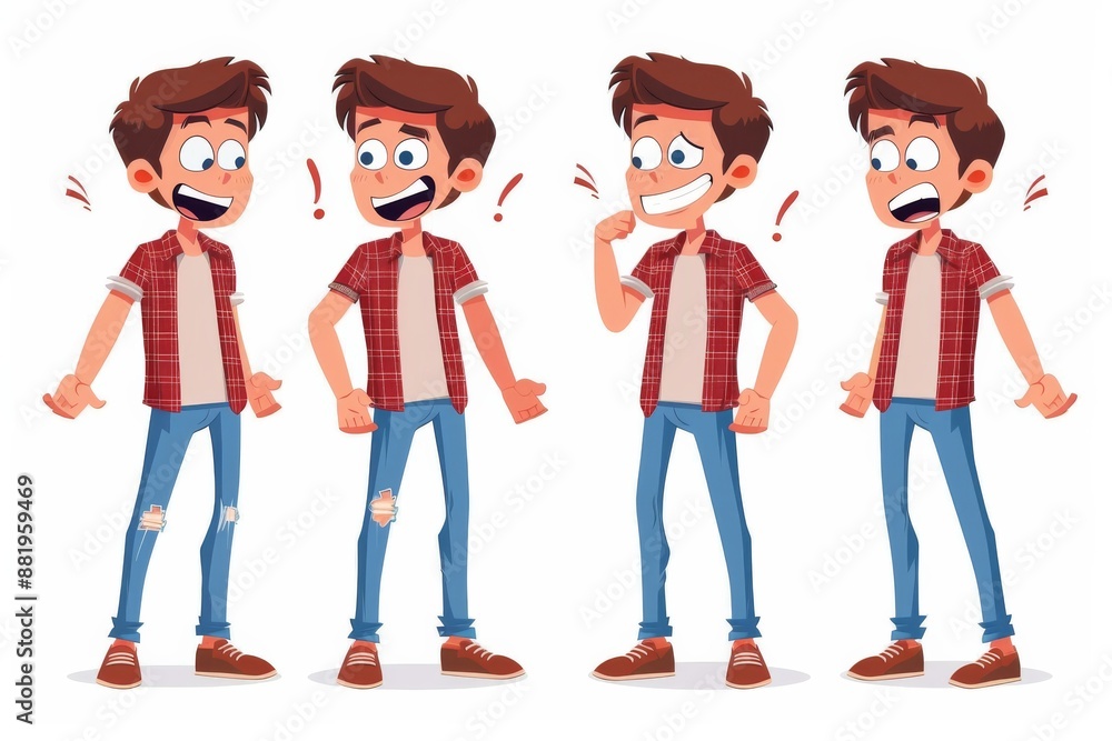 Four Poses of a Cartoon Boy in Red Plaid Shirt Four Poses of a Cartoon Boy in Red Plaid Shirt