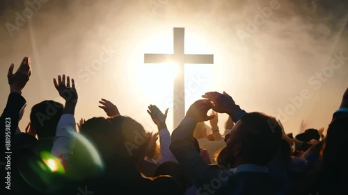 A congregation passionately worships beneath a glowing cross at a Christian gathering. photo