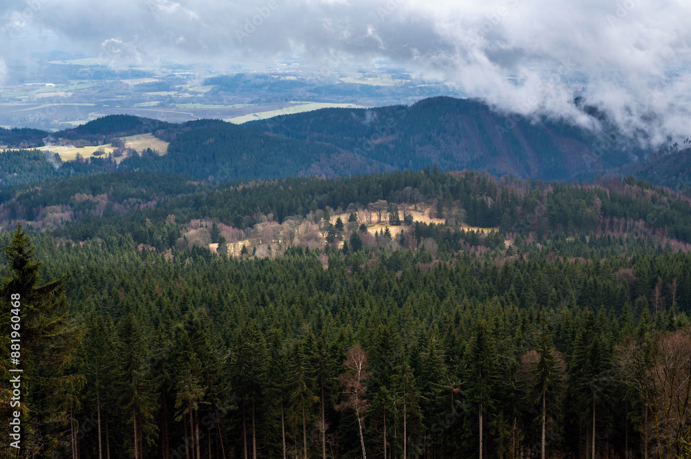 Fototapeta premium Deep coniferous forest and mountain meadow from hill Plesivec.