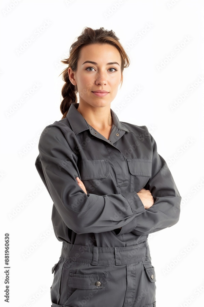 Woman standing with arms crossed, wearing a dark gray laborpsuit. Background is plain white Woman standing with arms crossed, wearing a dark gray laborpsuit. Background is plain white