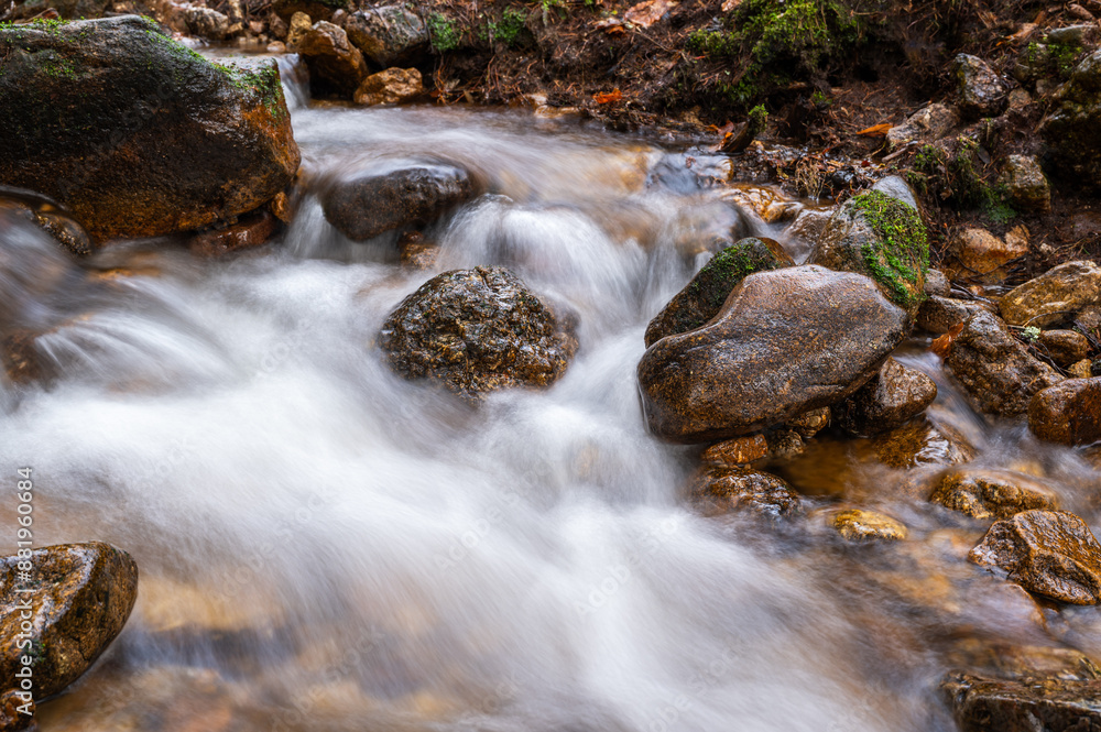 Clear mountain stream with stone in forest, spring, Ore mountain. Clear mountain stream with stone in forest, spring, Ore mountain.