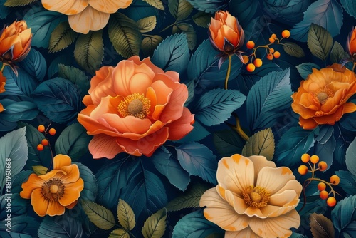 Wallpaper Mural Seamless Floral Pattern with Dark Leaves and Bright Flowers Torontodigital.ca