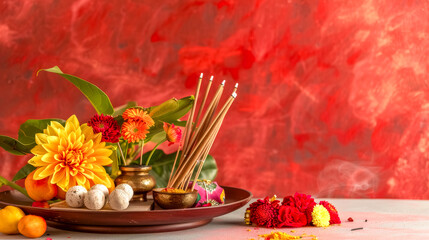 Burning incense sticks and flowers resting on a puja thali for diwali celebrations