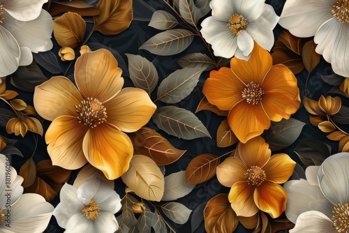 Wallpaper Mural Golden and White Flowers on a Dark Background Torontodigital.ca