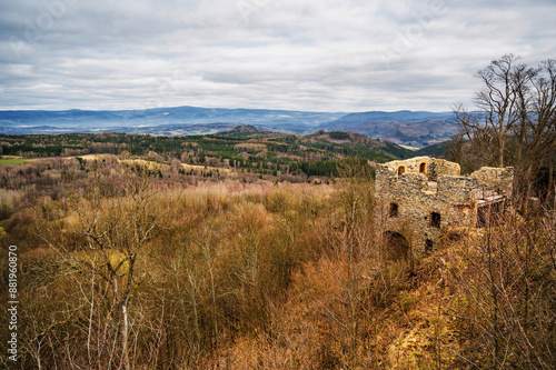 View on castle ruin of Engelsburg and forest around, Ore mountain. Angel hill. photo