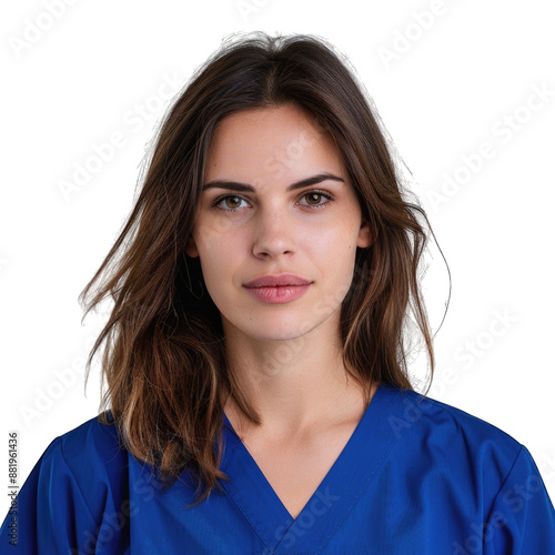 Female health care worker in a blue uniform smiling at camera. Transparent background or PNG file.