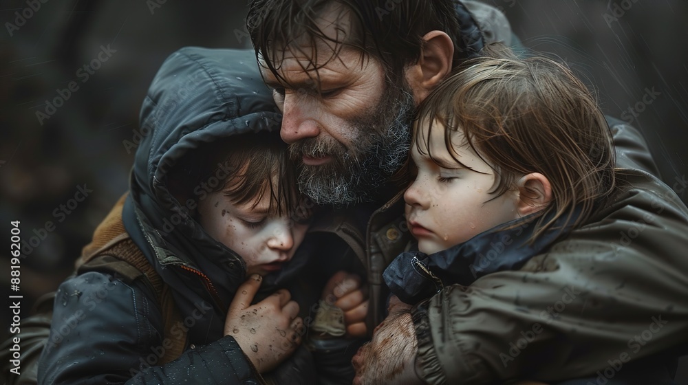 Man protecting two children in the rain, feeling of safety amidst adversity Man protecting two children in the rain, feeling of safety amidst adversity