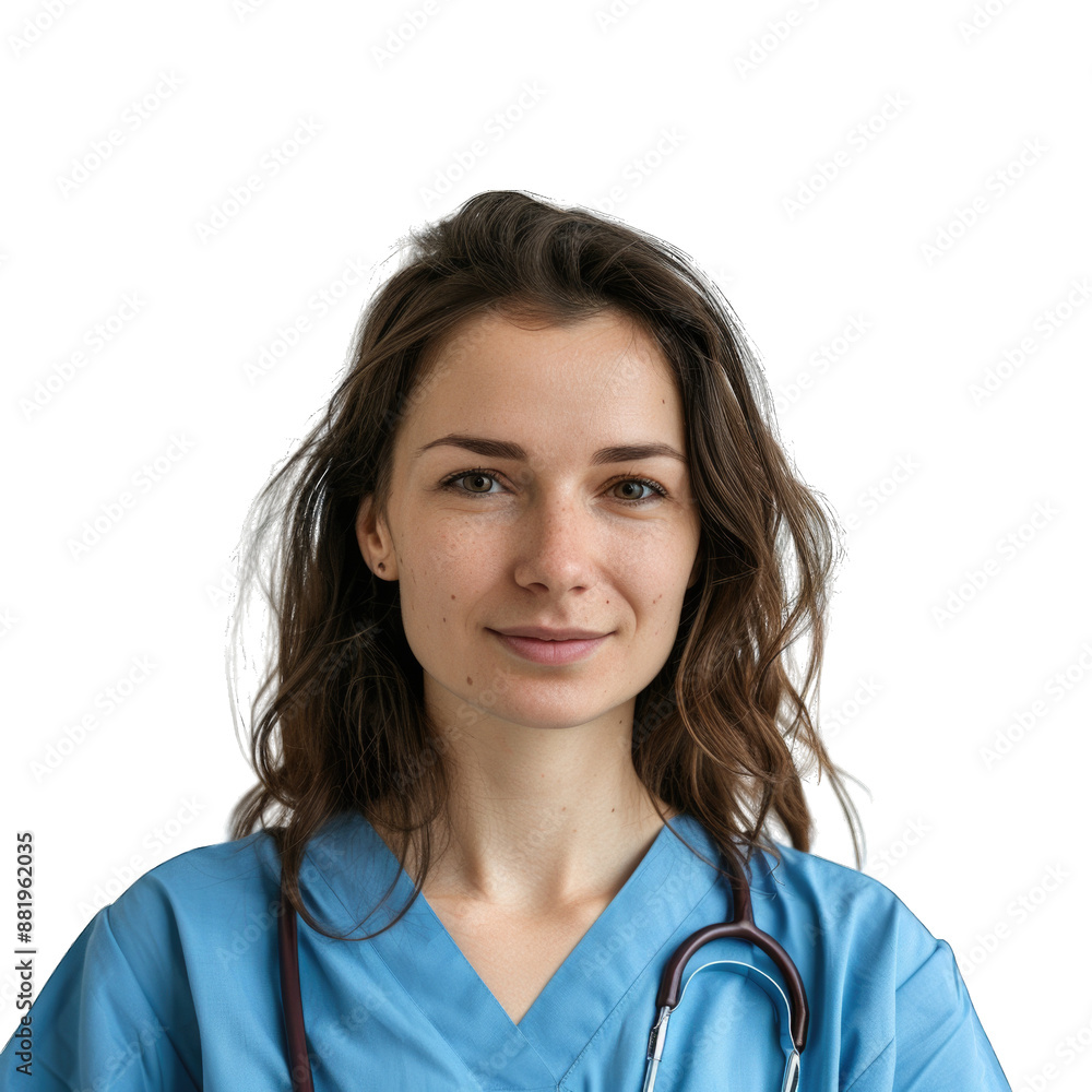 Female health care worker in a blue uniform smiling at camera. Transparent background or PNG file. Female health care worker in a blue uniform smiling at camera. Transparent background or PNG file.