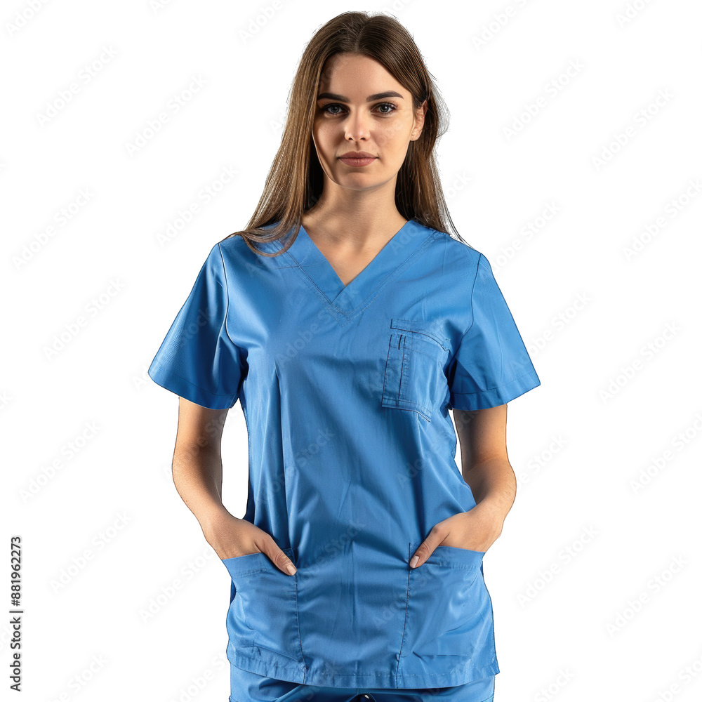 Female health care worker in a blue uniform smiling at camera. Transparent background or PNG file. Female health care worker in a blue uniform smiling at camera. Transparent background or PNG file.