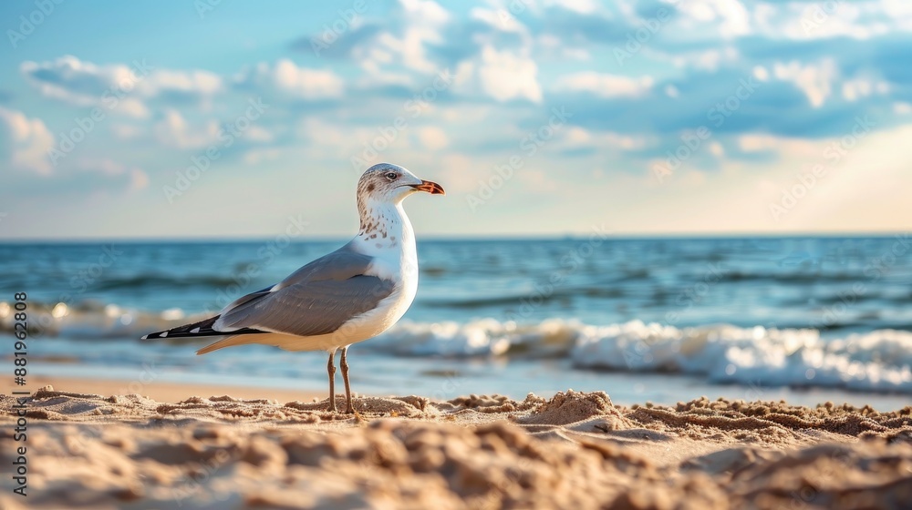 Fototapeta premium Seagull on sandy Baltic Sea coast with ocean in the background