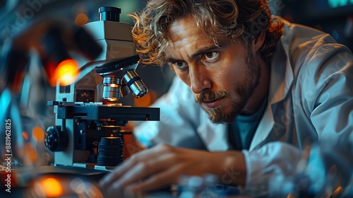 Scientist look into microscope while making medical test in science laboratory