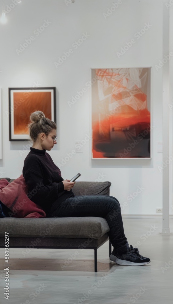 Woman Exploring Modern Art Gallery on Sofa with Smartphone for Art Appreciation and Learning Woman Exploring Modern Art Gallery on Sofa with Smartphone for Art Appreciation and Learning