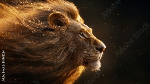 A majestic lion in the wild, with a golden mane flowing in the wind, depicted in a hyperrealistic style photo