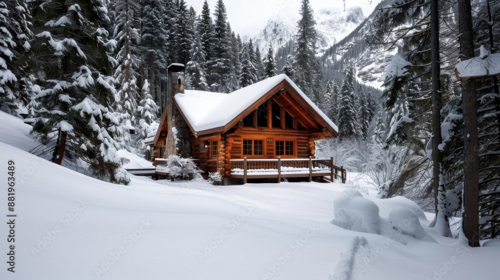 A rustic wooden cabin in the mountains, with weathered wood and a stone chimney, surrounded by snowcovered trees A rustic wooden cabin in the mountains, with weathered wood and a stone chimney, surrounded by snowcovered trees
