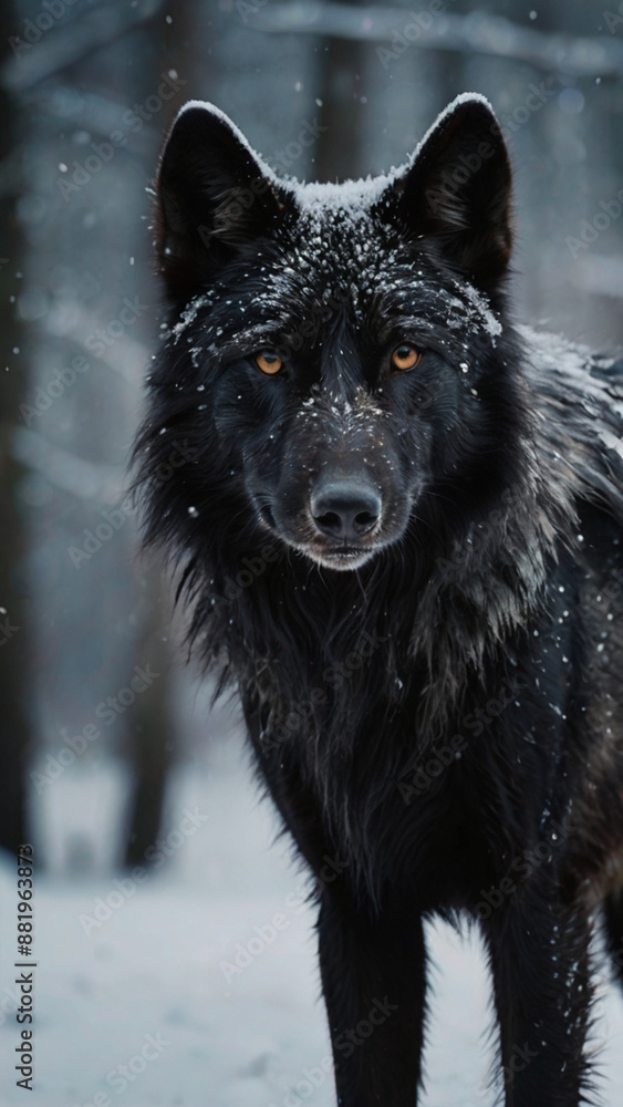 Naklejka premium A portrait of a black lone wolf in the winter snow staring directly at the camera