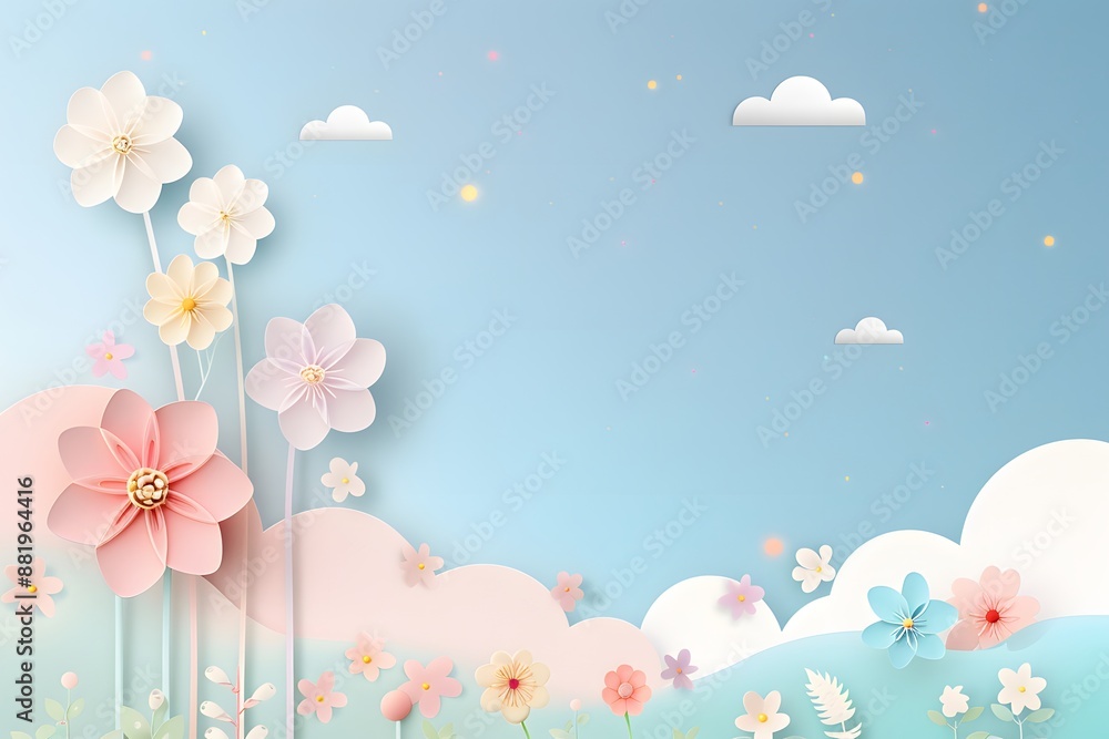Pastel-colored paper flowers in a whimsical landscape with soft blue sky and floating clouds. Pastel-colored paper flowers in a whimsical landscape with soft blue sky and floating clouds.