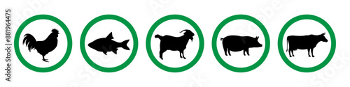 Non vegetarian eating allowed symbol with beef, pig, goat, fish and chicken meat icon set in green color. Meat eating allowed icon set vector illustration.