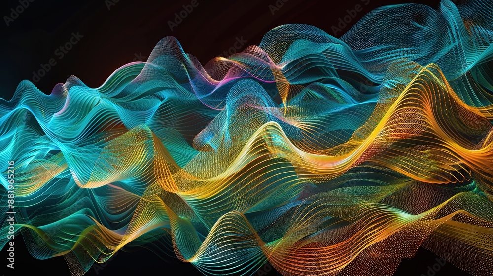 Obraz premium Quantum Harmony - Abstract Artistic Composition of Colorful Sound Waves and Wave Functions for Technology and Science Projects
