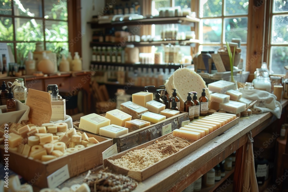 Artisan's Handmade Soap and Skincare Products in Creative Studio Environment Artisan's Handmade Soap and Skincare Products in Creative Studio Environment