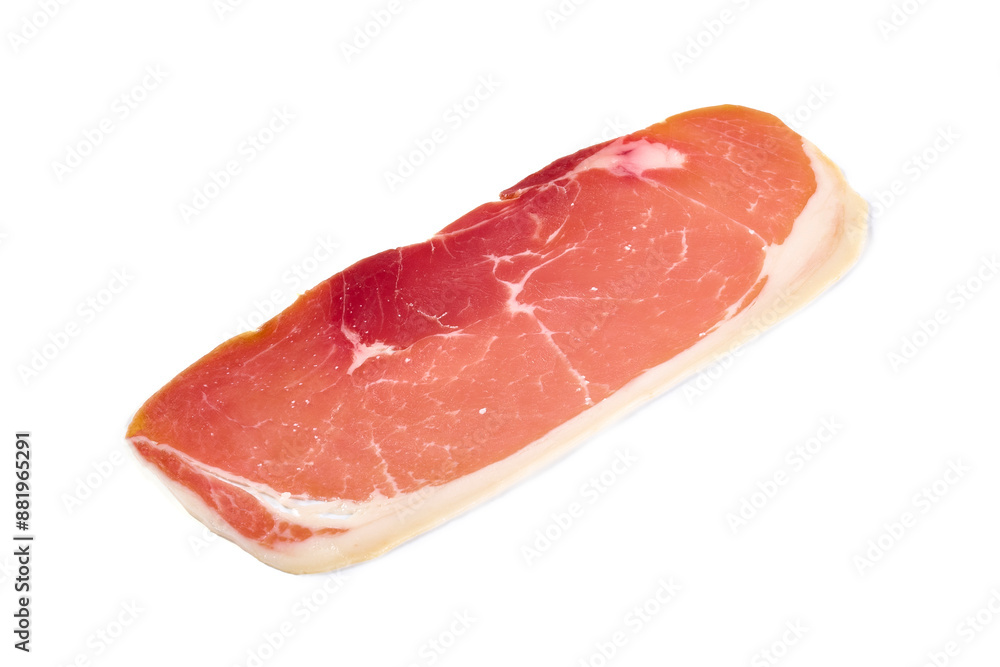 Delicious Serrano ham, cured jamon iberico, isolated on white background.