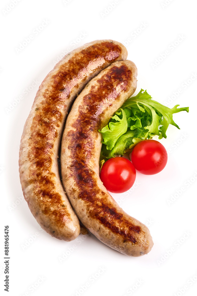 Grilled German pork sausages, Thuringer Rostbratwurst, close-up, isolated on white background. Grilled German pork sausages, Thuringer Rostbratwurst, close-up, isolated on white background.