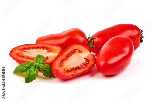 Long red ripe italian san marzano pasta sauce tomatoes, isolated on white background.