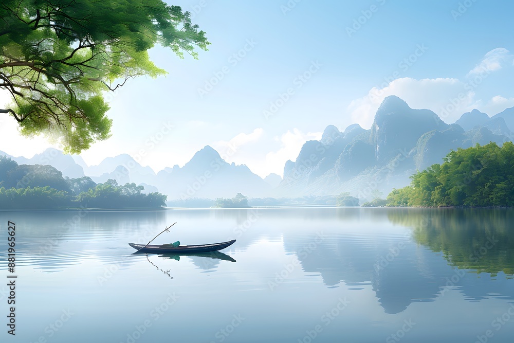 Serene lake in the early morning with a lone wooden boat and lush green mountains in the background. Serene lake in the early morning with a lone wooden boat and lush green mountains in the background.