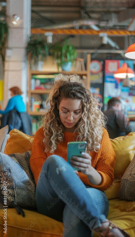 Young Woman Networking on Smartphone in Vibrant Coworking Space with Creative Decor Young Woman Networking on Smartphone in Vibrant Coworking Space with Creative Decor