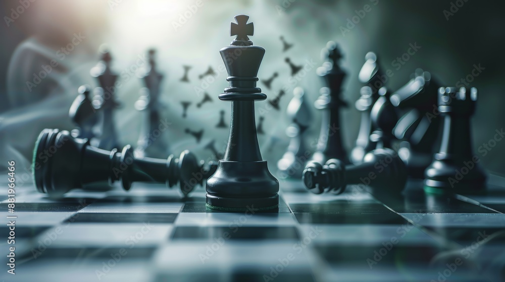 A close chess king challenge or a falling chess battle on the chess board. Concept of leadership and strategy or strategic plan and human resources A close chess king challenge or a falling chess battle on the chess board. Concept of leadership and strategy or strategic plan and human resources