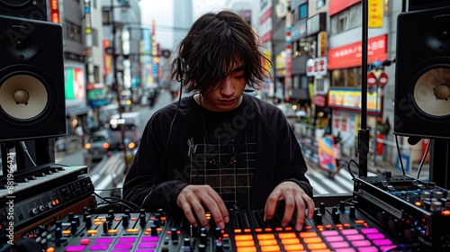 Musician using digital music production tool in home studio, surrounded by equipment photo