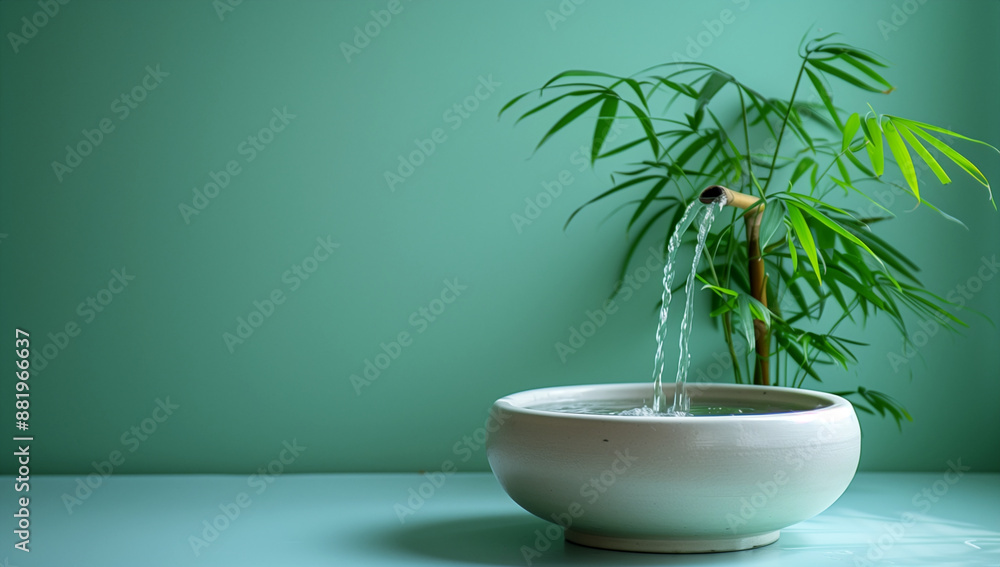 A simple bamboo water fountain on a white table against a solid light green background A simple bamboo water fountain on a white table against a solid light green background