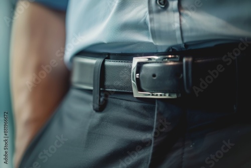 Close-up of a black men's belt around his waist, denim pants, blue shirt tucked into denim pants.