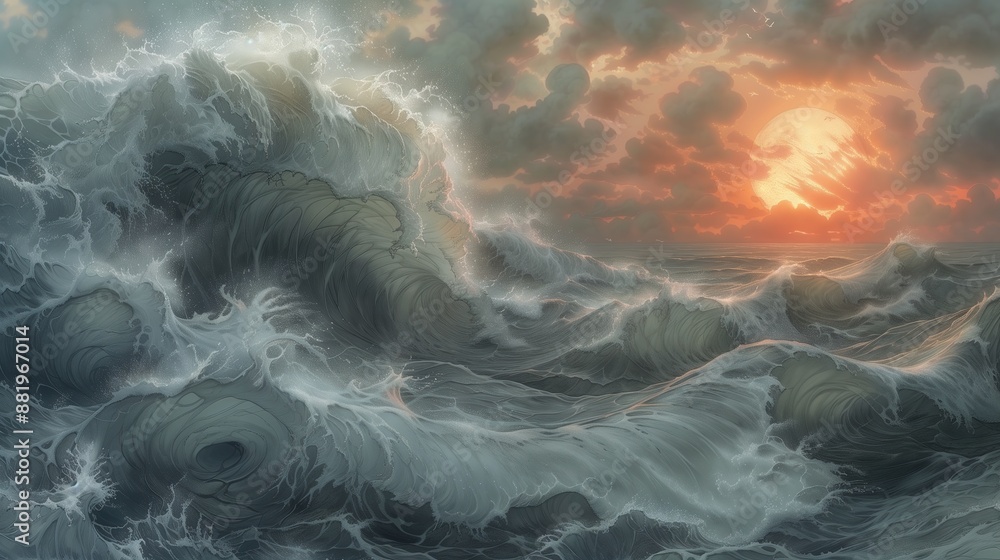 Obraz premium Dramatic Ocean Waves with Sunset and Stormy Clouds in Digital Art 