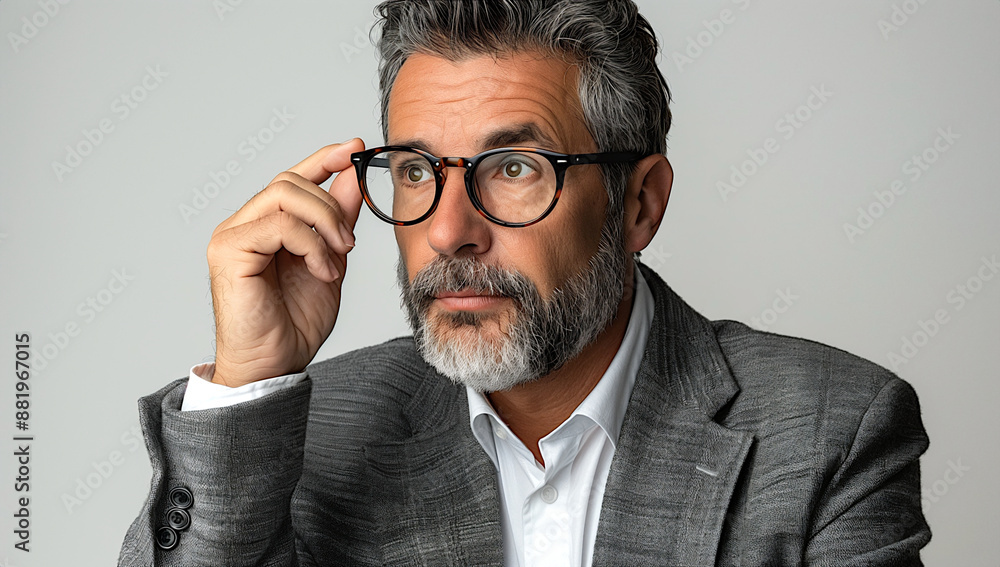 Photo of pensive middle-aged man wearing a gray suit, adjusting his glasses Photo of pensive middle-aged man wearing a gray suit, adjusting his glasses