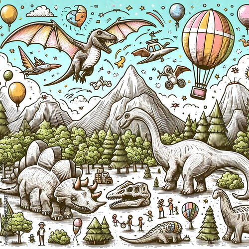 Doodle art cartoon of a dinosaur park with tourists and giant fossils photo