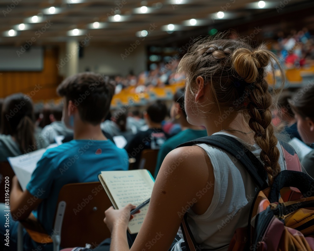 12. A university lecture hall filled with students taking notes, showcasing higher education and the formal dissemination of knowledge 12. A university lecture hall filled with students taking notes, showcasing higher education and the formal dissemination of knowledge