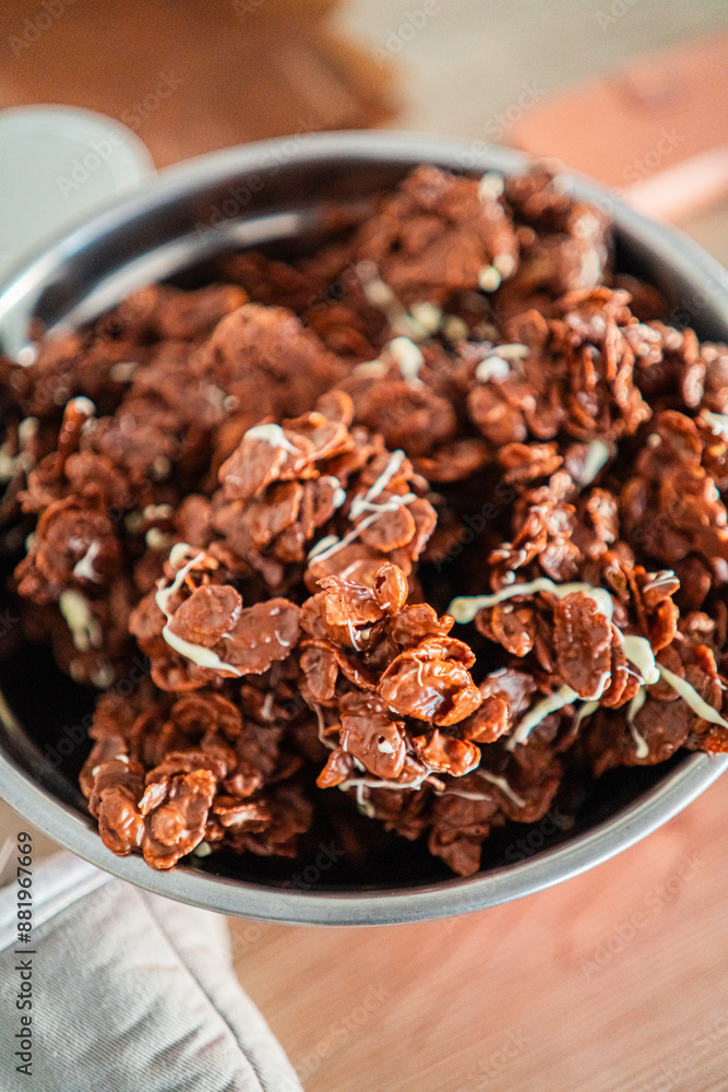 Bowl of Delicious Crispy Choclate Chip Cookies with White Choclate Decoration Freshly Baked for Christmas Close Up Bowl of Delicious Crispy Choclate Chip Cookies with White Choclate Decoration Freshly Baked for Christmas Close Up