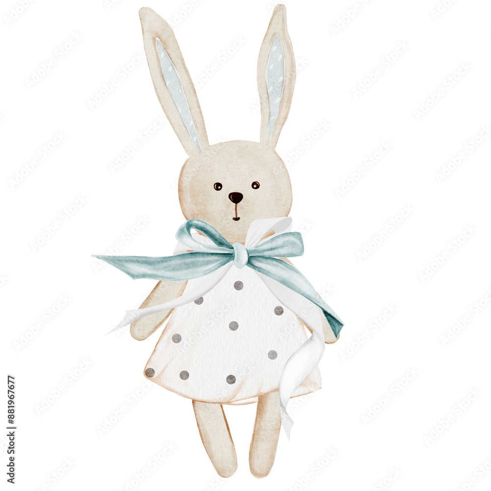 Cute cartoon bunny. Watercolor hand drawing of a cute retro toy rabbit in a dress with a blue bow. Clip art isolated on white background funny hare. Ideal for decorating children's rooms, posters and Cute cartoon bunny. Watercolor hand drawing of a cute retro toy rabbit in a dress with a blue bow. Clip art isolated on white background funny hare. Ideal for decorating children's rooms, posters and