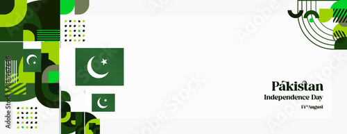 Pakistan Independence Day banner in modern geometric style. Wide banner with typography and also country flag. Background for National holiday celebration party. Happy Independence Day of Pakistan