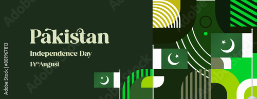 Pakistan Independence Day banner in modern geometric style. Wide banner with typography and also country flag. Background for National holiday celebration party. Happy Independence Day of Pakistan
