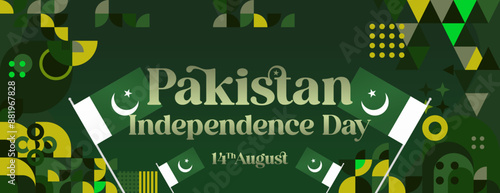 Pakistan Independence Day banner in modern geometric style. Wide banner with typography and also country flag. Background for National holiday celebration party. Happy Independence Day of Pakistan