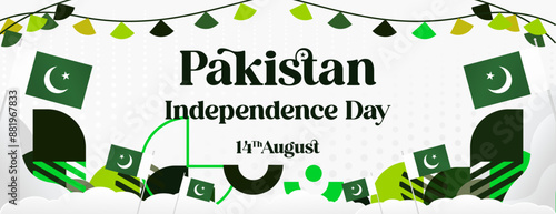 Pakistan Independence Day banner in modern geometric style. Wide banner with typography and also country flag. Background for National holiday celebration party. Happy Independence Day of Pakistan